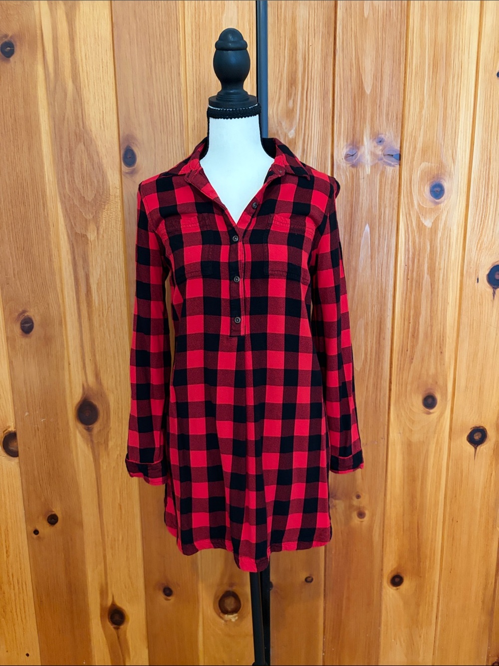 Old Navy Red & Black Buffalo Plaid Flannel Tunic Shirt Size Small